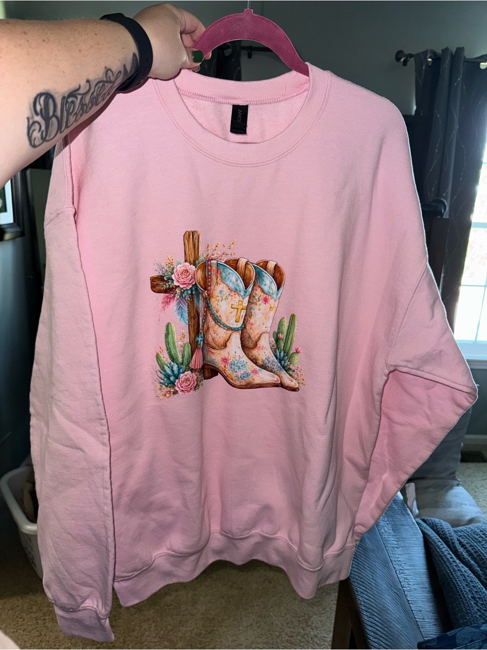Gildan Pink Crewneck Sweatshirt with Western Cowboy Boots Graphic